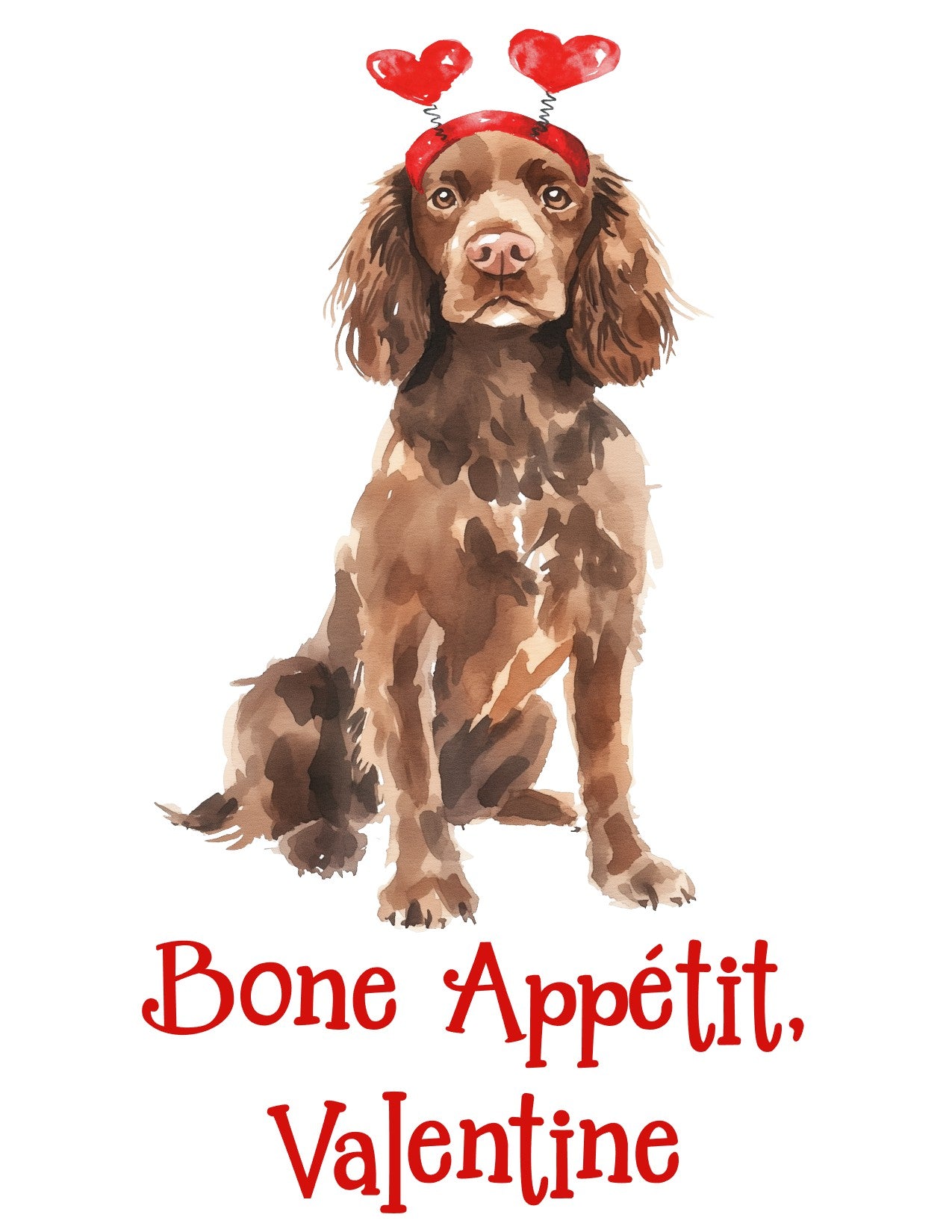 Watercolor illustration of a brown chocolate Boykin Spaniel dog wearing a red headband with heart-shaped antennae, accompanied by the playful Valentine’s Day text 'Bone Appétit, Valentine,' perfect for festive pet-themed gifts or decor.