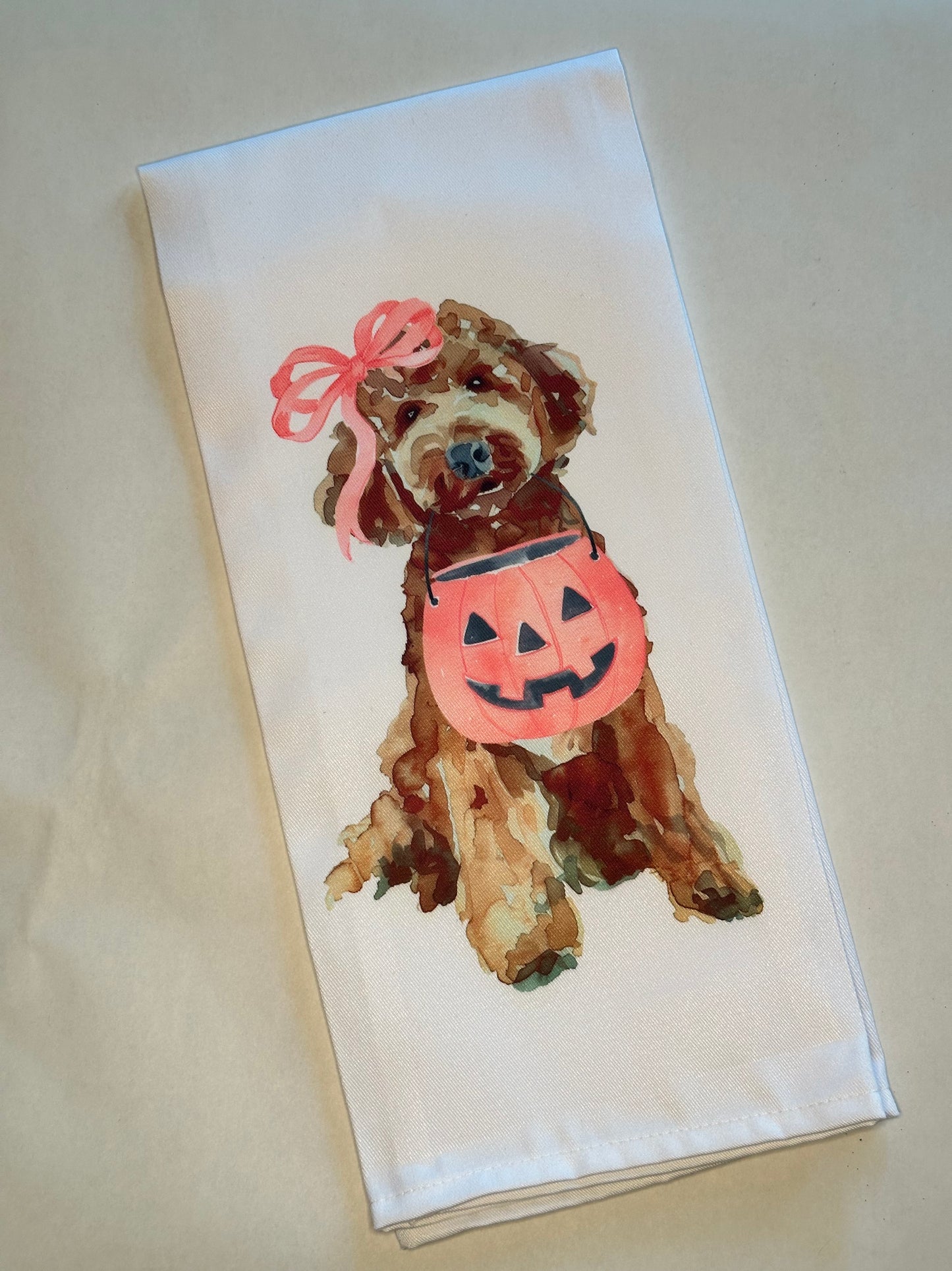 Chocolate Goldendoodle Halloween Kitchen Tea Towel