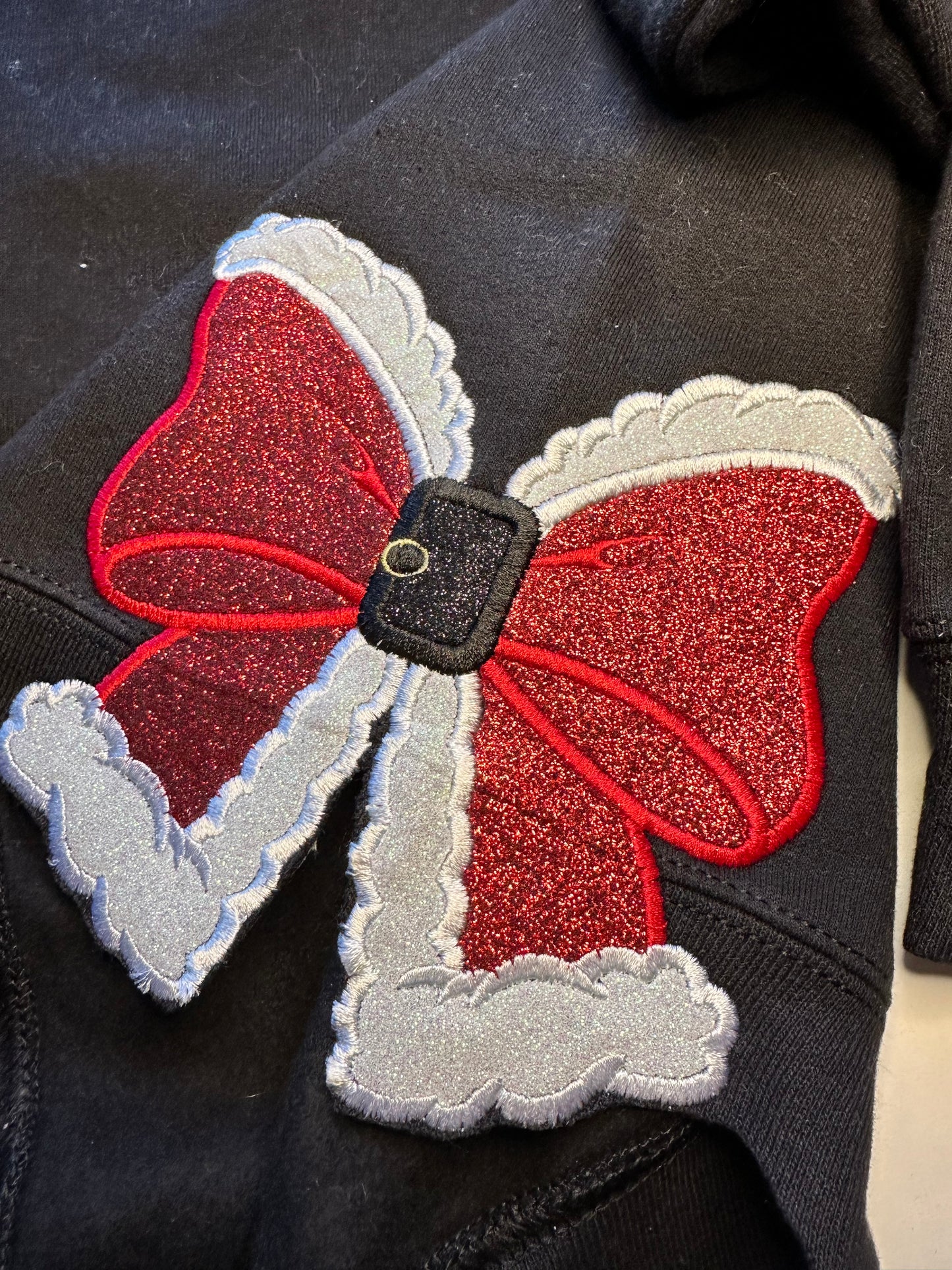 Ho Ho Ho Santa Bow Embroidered Sweatshirt | Black Christmas Crewneck | Festive Holiday Side Bow Sweatshirt