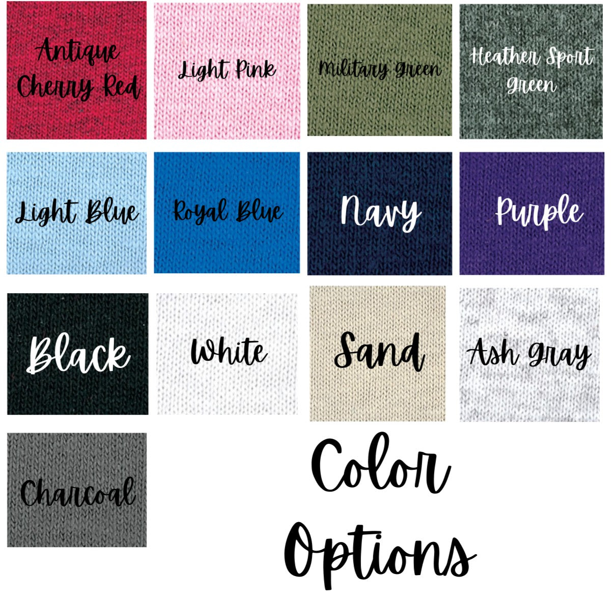 Fabric swatch color chart displaying 13 color options for custom embroidered products including Antique Cherry Red, Light Pink, Military Green, Heather Sport Green, Light Blue, Royal Blue, Navy, Purple, Black, White, Sand, Ash Gray, and Charcoal – personalized sweatshirt and apparel color choices.