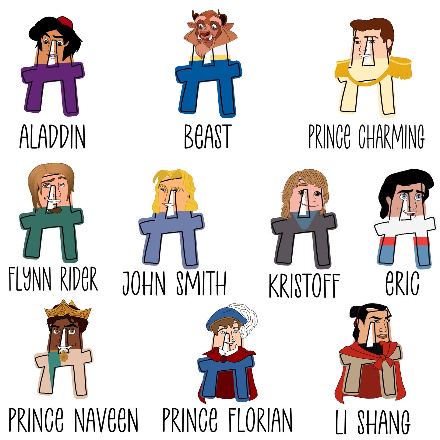 Cartoon characters with labels for Aladdin, Beast, Prince Charming, Flynn Rider, John Smith, Kristoff, Glic, Prince Naveen, Prince Florian, and Li Shang.