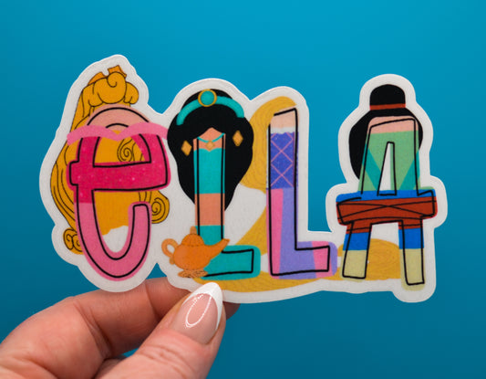 Personalized Disney Princess waterproof sticker with custom name on vinyl decal featuring beloved princess characters — ideal for girls and toddlers.