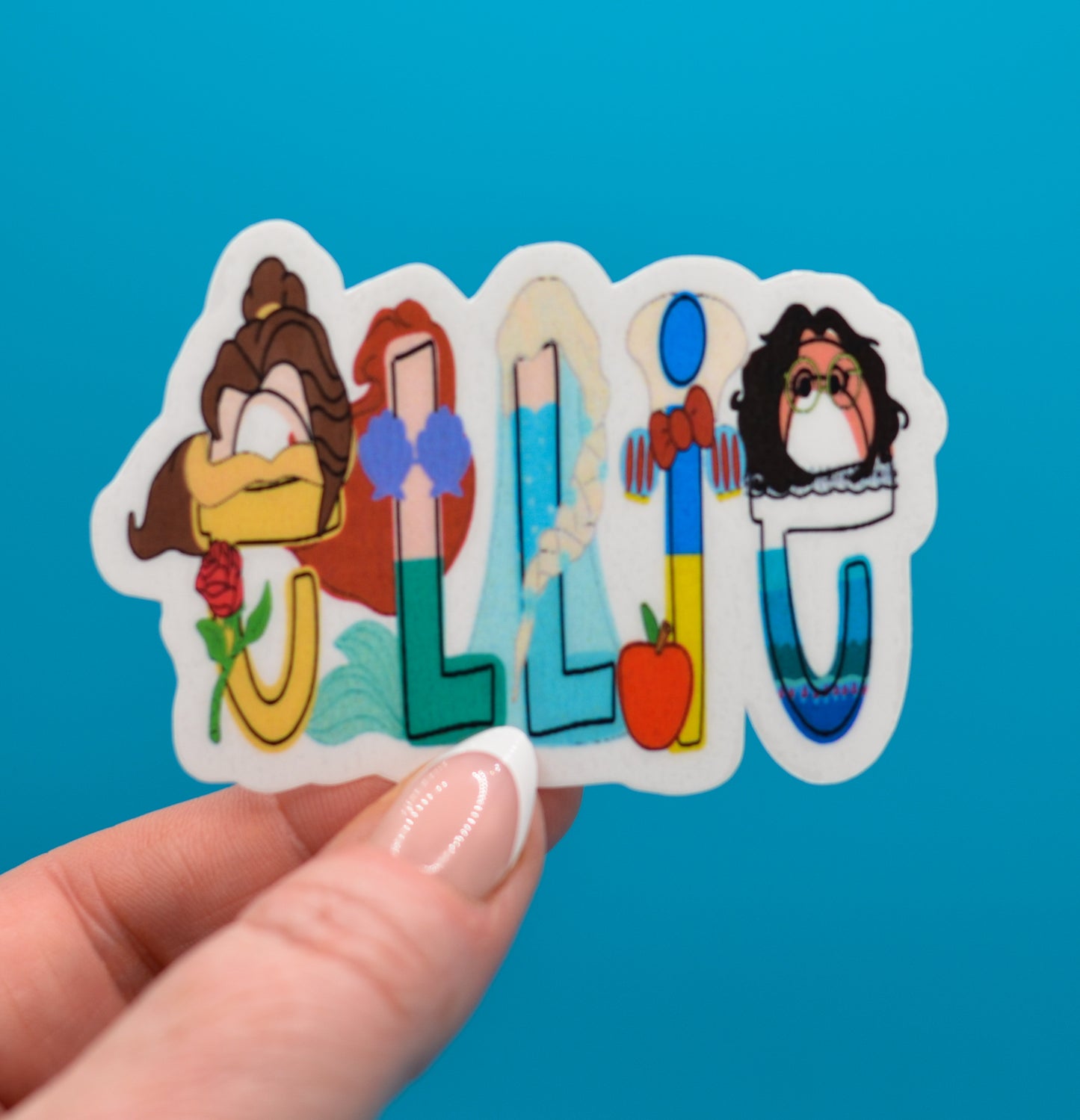 Personalized Disney Princess waterproof sticker with custom name on vinyl decal featuring beloved princess characters — ideal for girls and toddlers.