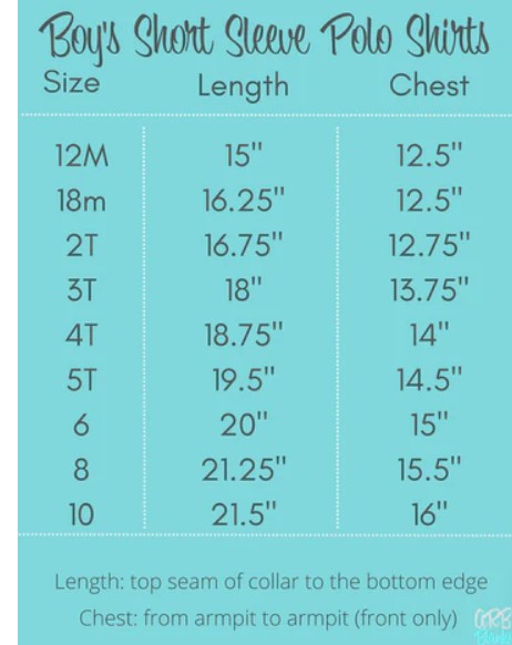 Size chart for boys polo shirts with measurements for length and chest by size from 12M to 10 – includes sizes 12M, 18M, 2T, 3T, 4T, 5T, 6, 8, and 10, ideal for custom toddler and kids shirts.