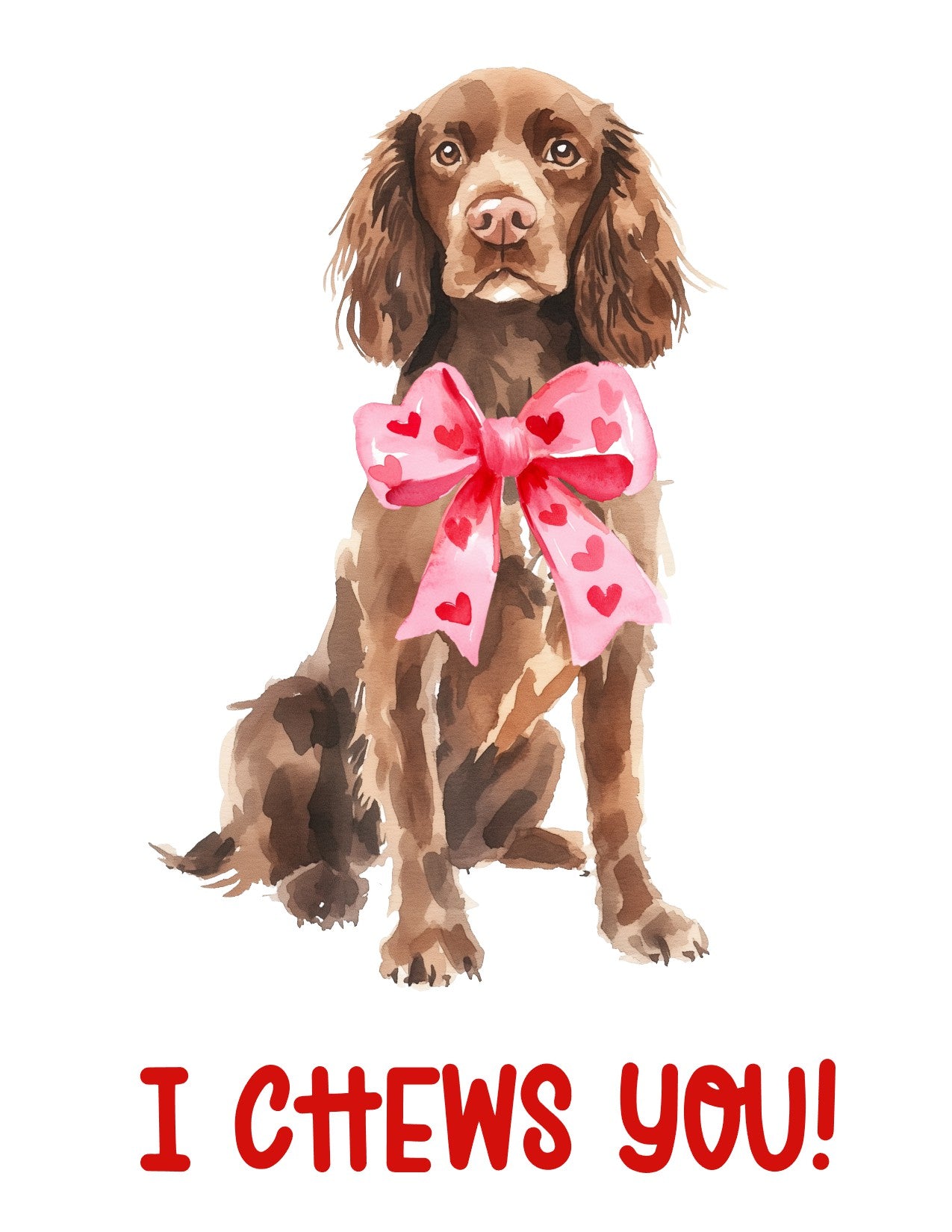 Watercolor illustration of a brown Boykin Spaniel dog wearing a pink bow with heart patterns, accompanied by the playful text 'I Chews You!' in bold red lettering, ideal for Valentine's Day-themed designs or pet-inspired gifts.