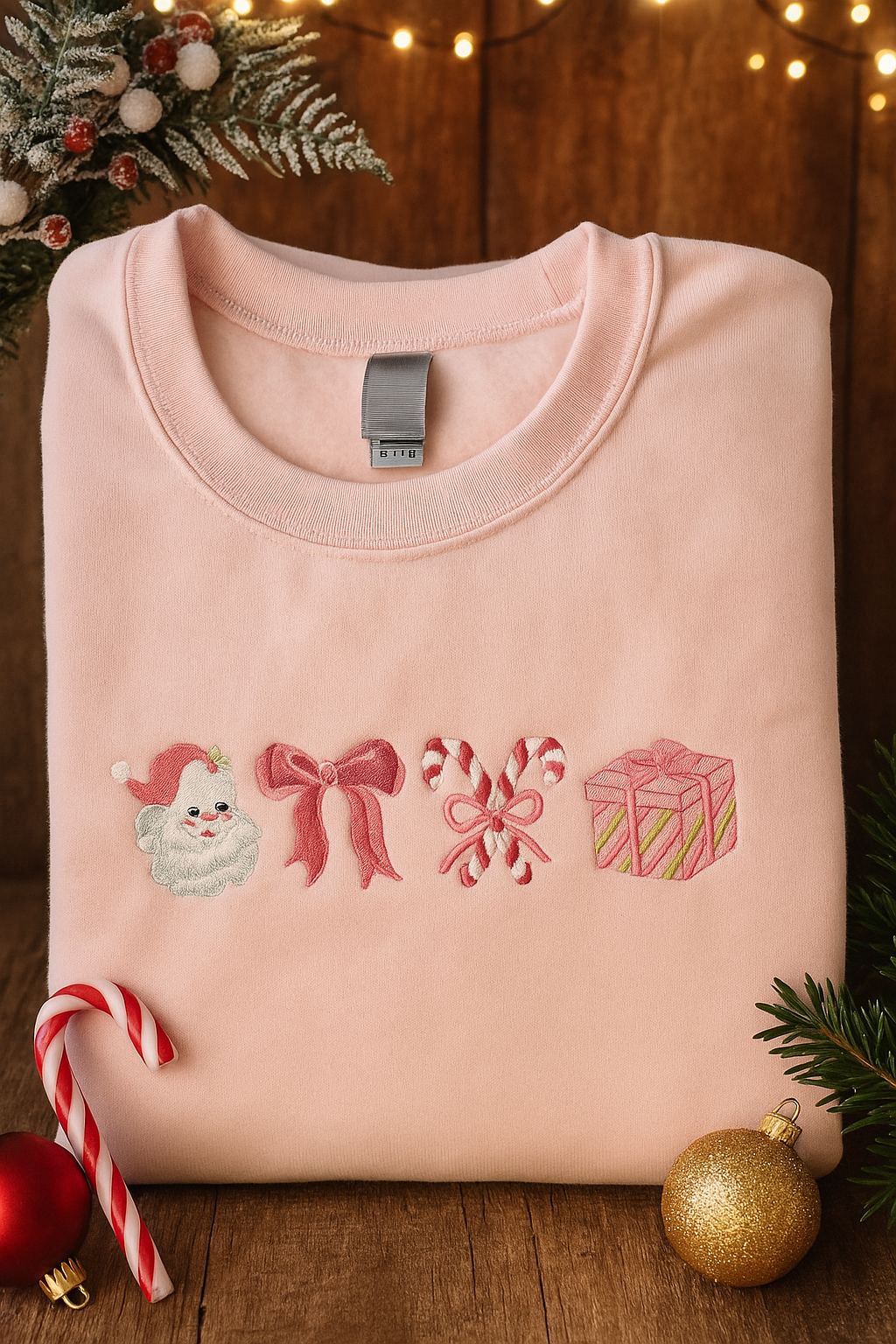 Folded pink sweatshirt with embroidered Christmas icons — Santa, bow, candy canes, and gift box — surrounded by festive holiday decor and lights.