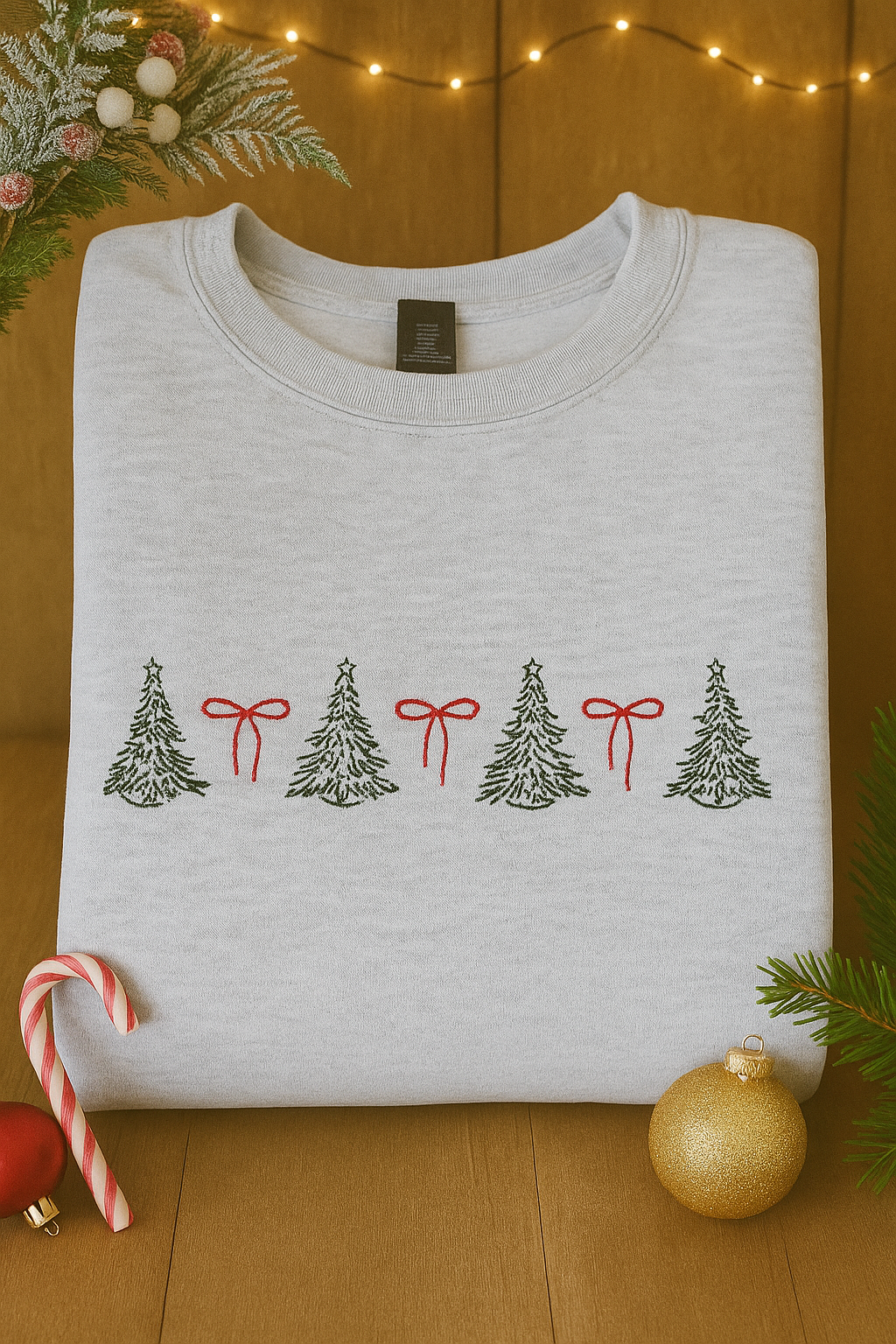 Folded light gray sweatshirt with embroidered green Christmas trees and red bows, styled with festive Christmas lights, candy cane, and gold ornament.