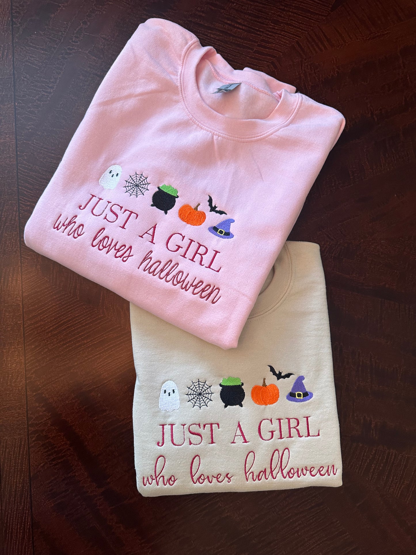 Just a Girl Who Loves Halloween Embroidered Sweatshirt | Cute Fall Crewneck for Women | Pumpkin, Witch Hat & Ghost Halloween Shirt | Cozy Autumn Apparel