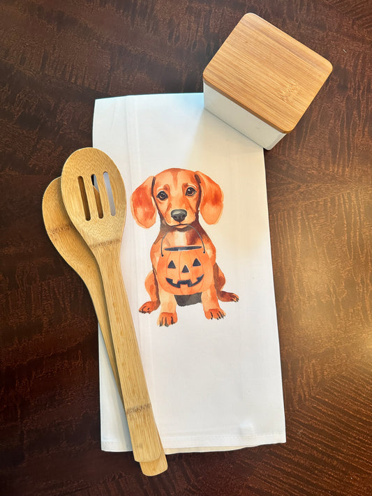 Daschund Pumpkin Halloween Kitchen Tea Towel