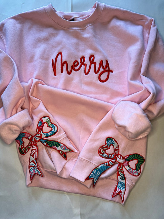 Kids Merry Side Bow Embroidered Sweatshirt | Pink Christmas Crewneck or Hoodie | Children’s Holiday Sweatshirt with Festive Appliqué Bows