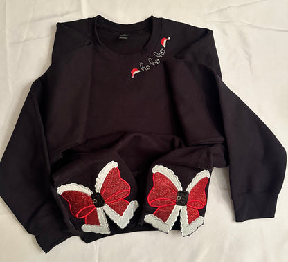 Ho Ho Ho Santa Bow Embroidered Sweatshirt | Black Christmas Crewneck | Festive Holiday Side Bow Sweatshirt