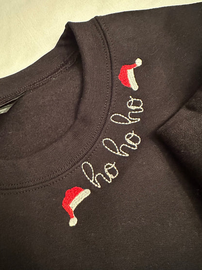 Ho Ho Ho Santa Bow Embroidered Sweatshirt | Black Christmas Crewneck | Festive Holiday Side Bow Sweatshirt