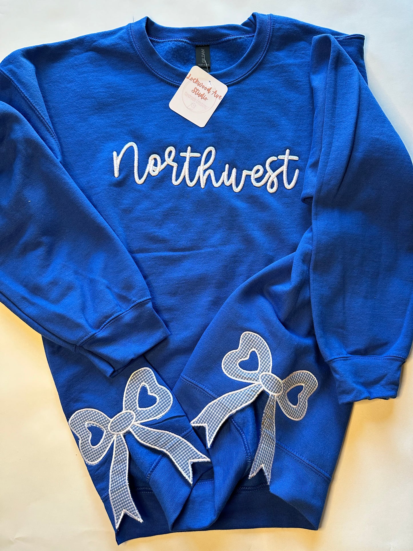 Custom School Spirit Sweatshirt with Side Bows | Embroidered Team Name & Colors | Personalized School Crewneck