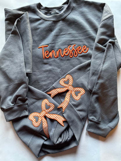 Custom School Spirit Sweatshirt with Side Bows | Embroidered Team Name & Colors | Personalized School Crewneck