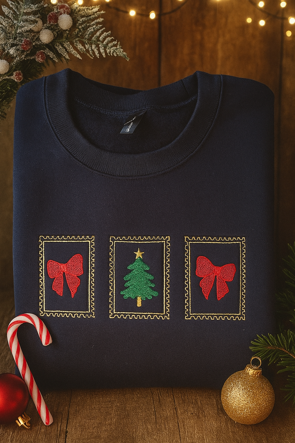 Folded navy sweatshirt with embroidered Christmas design — red bows and green Christmas tree framed in gold — surrounded by festive holiday lights, candy cane, and ornaments.