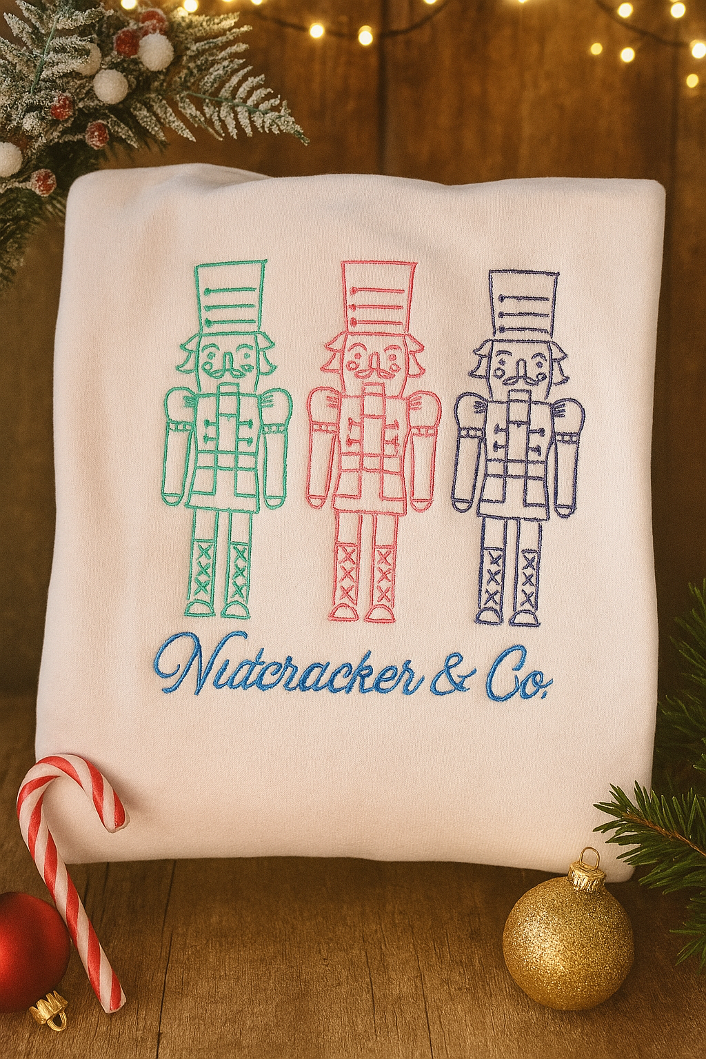 Folded light pink embroidered sweatshirts featuring three nutcrackers and “Nutcracker & Co.” script, styled with festive Christmas decor including candy canes, ornaments, and twinkling lights.