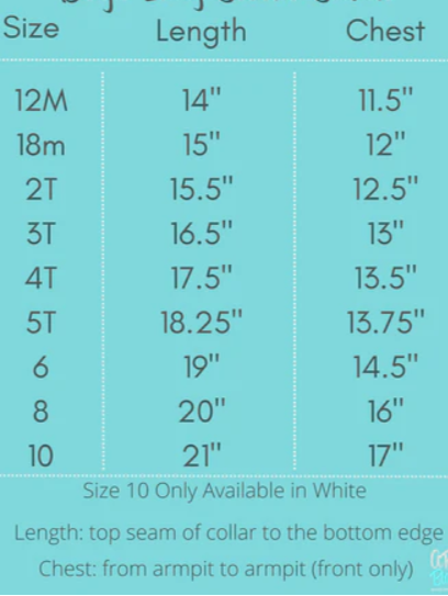 Size chart for unisex crewneck shirts with measurements for length and chest by size from 12M to 10 – includes sizes 12M, 18M, 2T, 3T, 4T, 5T, 6, 8, and 10, ideal for custom toddler and kids shirts.