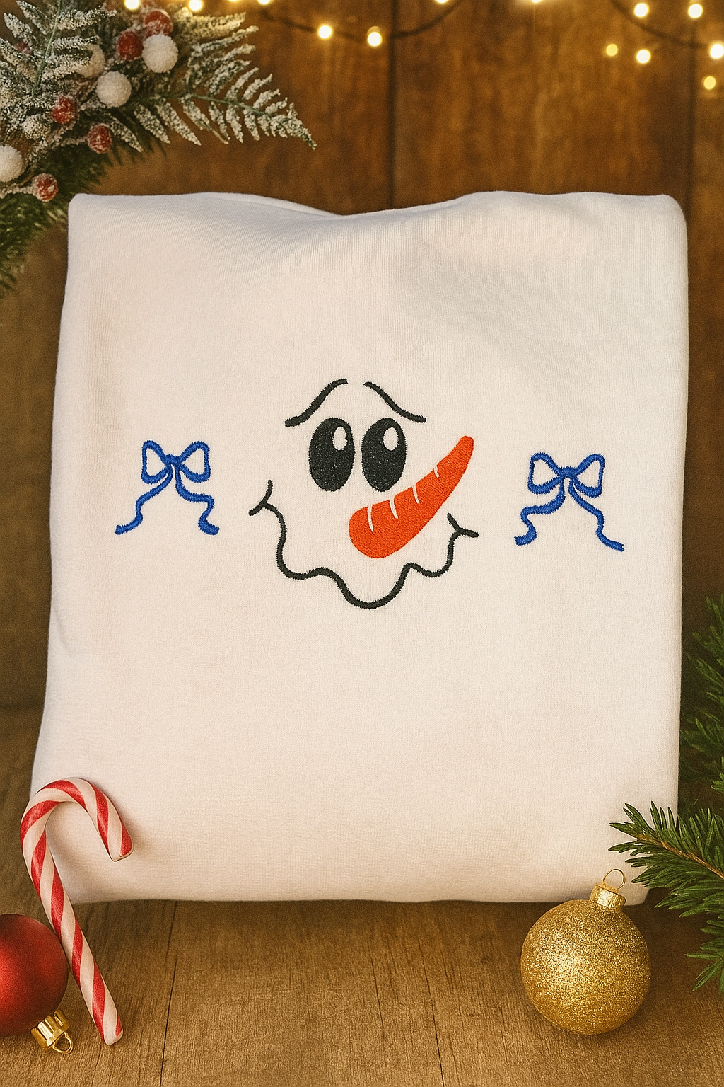 Folded white sweatshirt with embroidered snowman face featuring a carrot nose, black eyes, and two blue bows, surrounded by festive Christmas lights, candy cane, and ornaments.