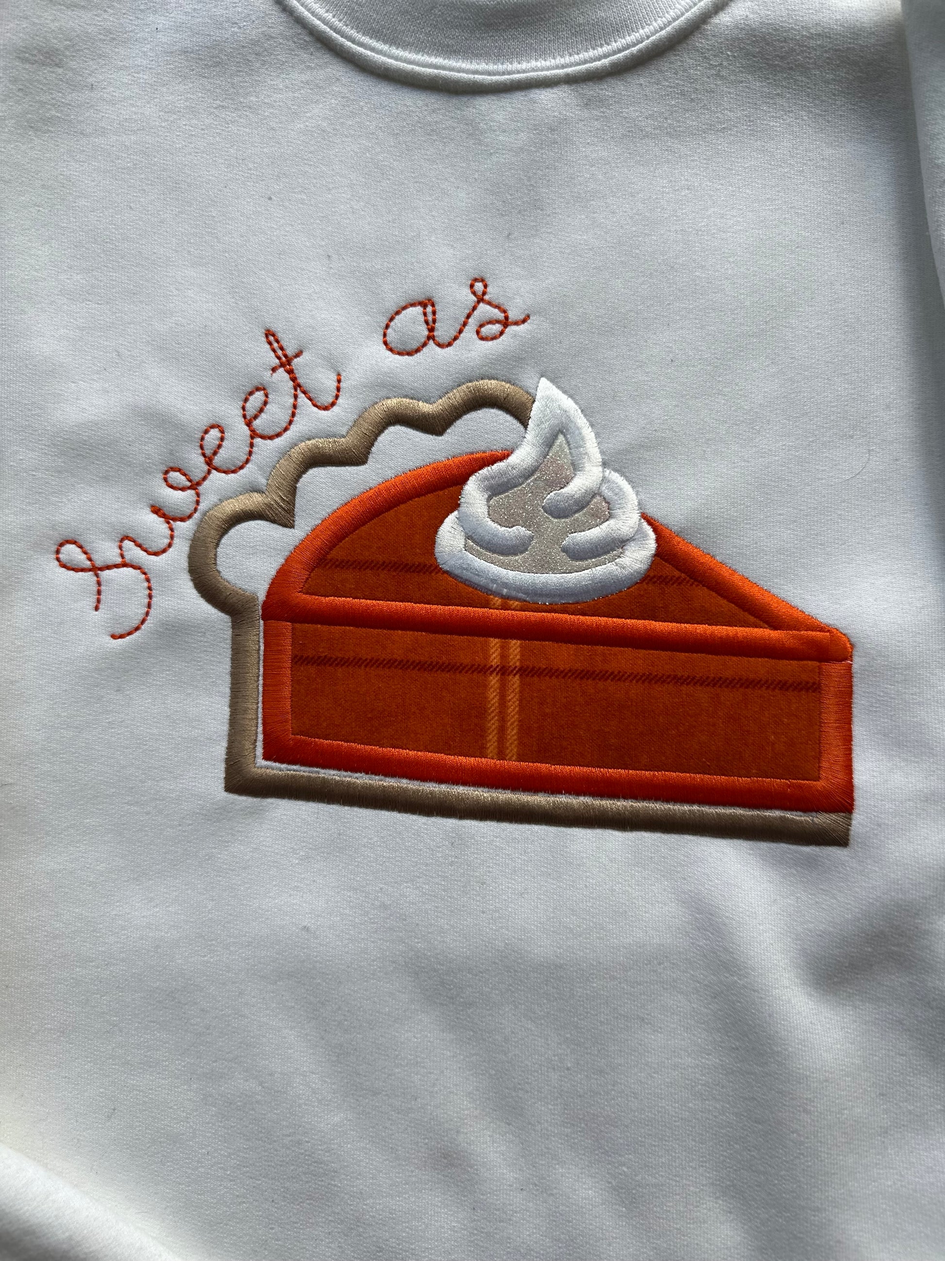 Embroidered design of a slice of pie with 'sweet as' text on a white fabric background