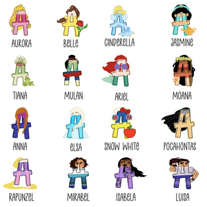 Illustrations of various Disney princesses with their names below on a white background