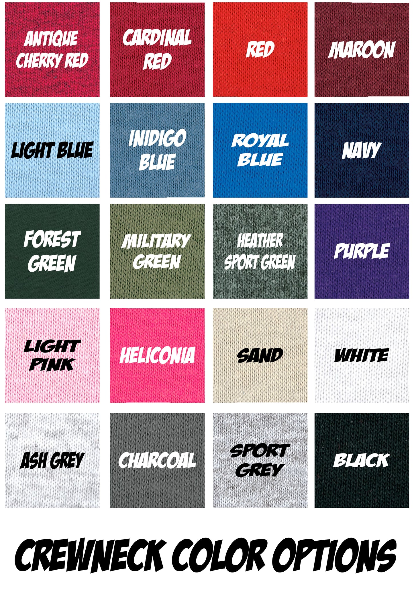 Color swatches with labels for various fabric colors used in a crewneck design.