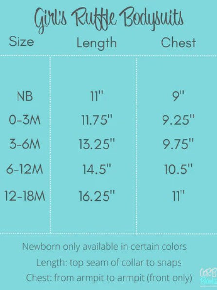 Size chart for girls ruffle bodysuits with length and chest measurements for sizes NB, 0–3M, 3–6M, 6–12M, and 12–18M – perfect sizing guide for custom baby girl outfits and personalized infant clothing.