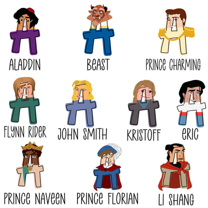 Cartoon characters with labels for Aladdin, Beast, Prince Charming, Flynn Rider, John Smith, Kristoff, Glic, Prince Naveen, Prince Florian, and Li Shang.