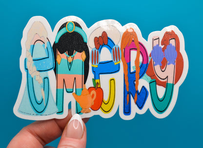 Close-up of custom name princess sticker in glossy waterproof vinyl, showing vibrant colors and high-quality finish.