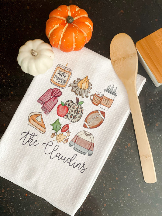 Fall Favorites Personalized Dish Towel -- Perfect Hostess Gift, Neighbor Gift, Grandparent Gift, Family Gift, Coworker Gift